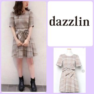 ダズリン(dazzlin)の♡dazzlin ウエストリボンチェックワンピースS半袖膝丈ベージュ清楚春夏秋(ひざ丈スカート)