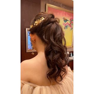 2点セット ペタル ブライダルヘアアクセサリー ヘアピン イヤリング ゴールド(ヘアピン)