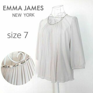 エマジェイム(EMMAJAMES)のEMMA JAMES シアー素材 プリーツプラウス ビジュー装飾 サイズ7 S(シャツ/ブラウス(長袖/七分))