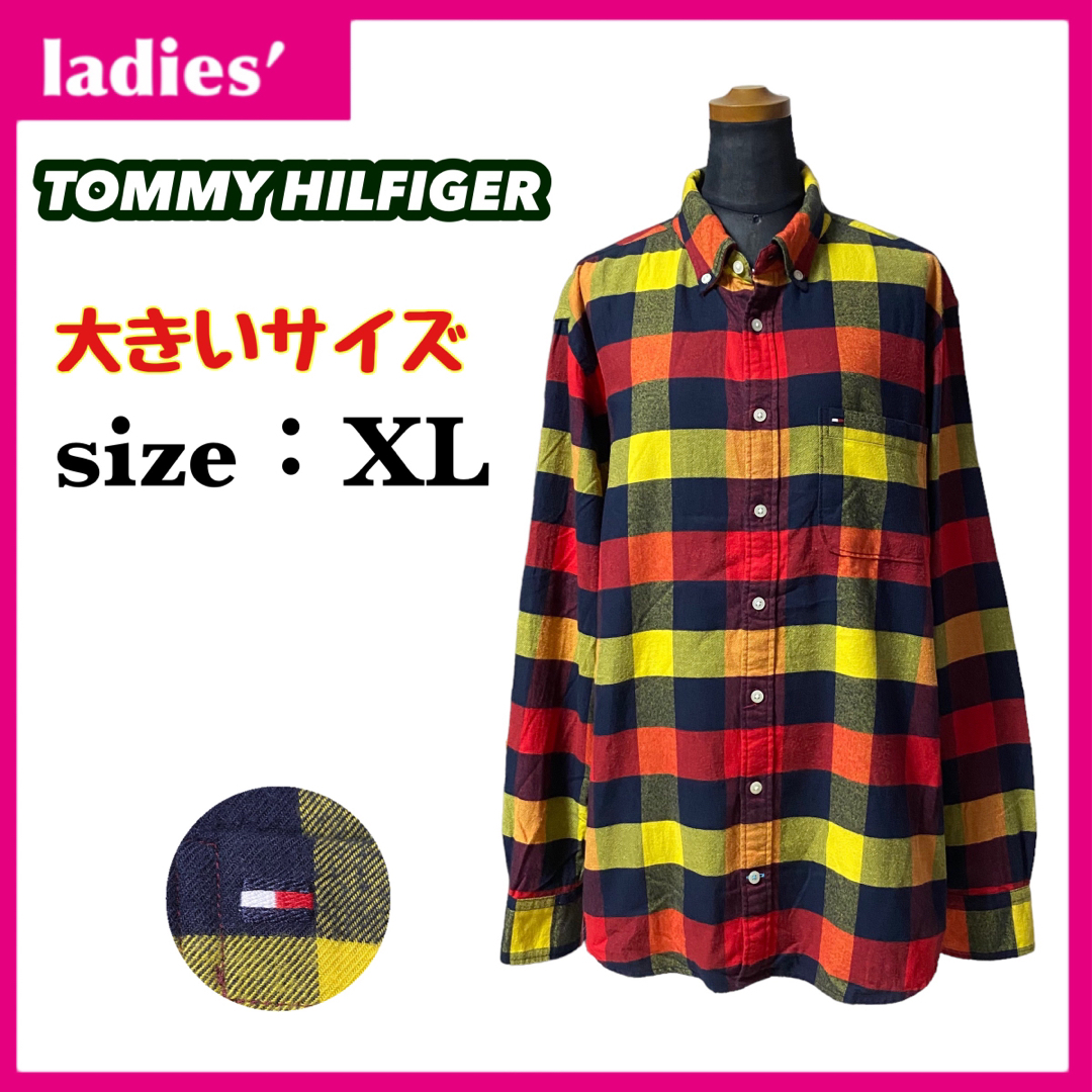 TOMMY HILFIGER(トミーヒルフィガー)のトミーヒルフィガー ボタンダウンシャツ レディース サイズXL ワンポイントロゴ レディースのトップス(シャツ/ブラウス(長袖/七分))の商品写真