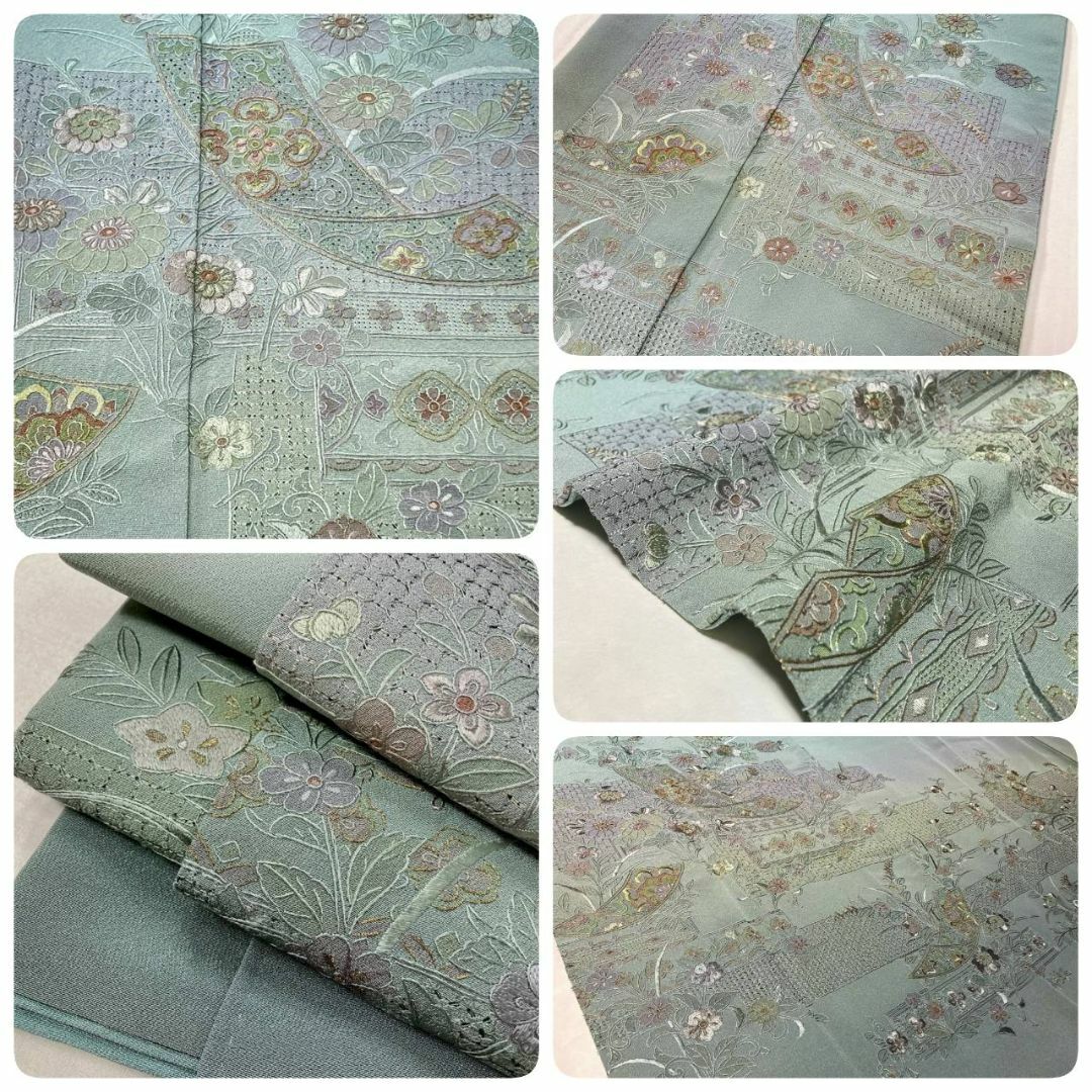 未使用新品 汕頭 蘇州刺繍 総刺繍 金糸 訪問着 正絹 花柄 熨斗 山藍摺