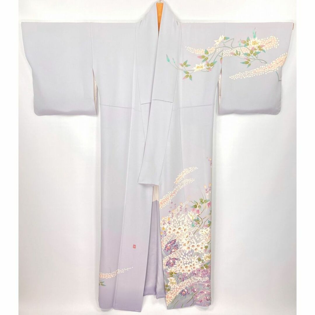本加賀友禅 杉浦伸 証紙 訪問着 花柄 正絹 紫 白 パステル 白菫色 1080 レディースの水着/浴衣(着物)の商品写真