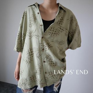 ランズエンド(LANDS’END)の【ランズエンド】パイナップル柄 シルク リネン 開襟 半袖シャツ カーキ XL(シャツ)