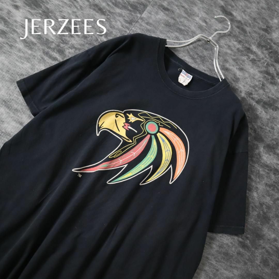 【ジャージーズ】ネイティブアメリカン 鳥 プリント ルーズ 黒 Tシャツ XL