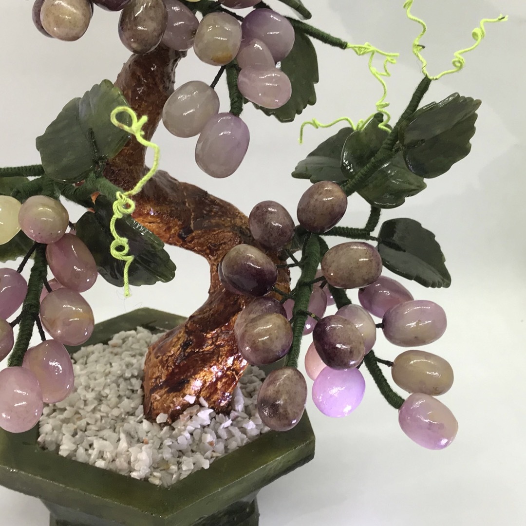 中国美術 玉石ぶどう鉢植 彫刻 天然石葡萄 置物 インテリア 観賞石  翡翠