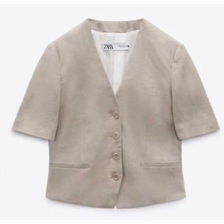 ザラ(ZARA)のクロップドリネンブレザー(ノーカラージャケット)