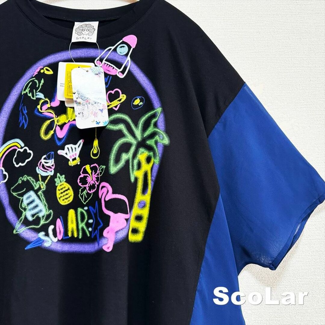 ScoLar(スカラー)の【ScoLar】スカラー ネオン柄シフォン切替 シャツプルオーバー タグ付未使用 レディースのトップス(カットソー(半袖/袖なし))の商品写真