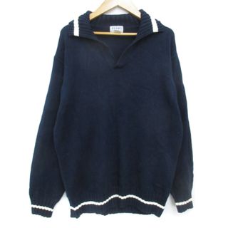 ビームス(BEAMS)のビームス ニットシャツ セーター 長袖 スキッパーカラー ライン M 紺 白(ニット/セーター)