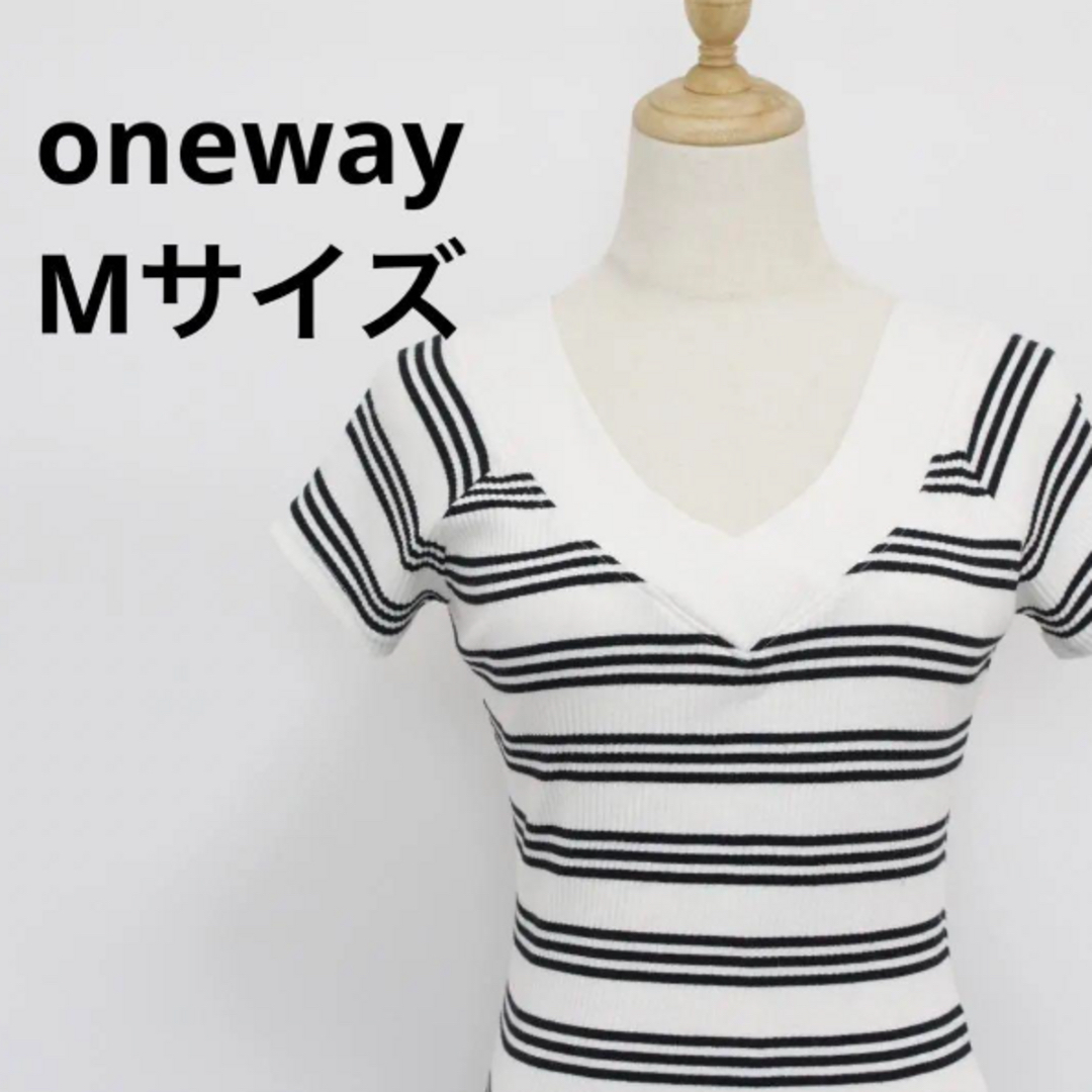 one*way(ワンウェイ)のoneway 半袖 リブ トップス カットソー ボーダー Vネック ホワイト レディースのトップス(Tシャツ(半袖/袖なし))の商品写真