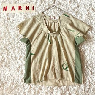 MARNI 胸元おりぼんとくしゅくしゅギャザーのキャラメルカラーコットンシャツ