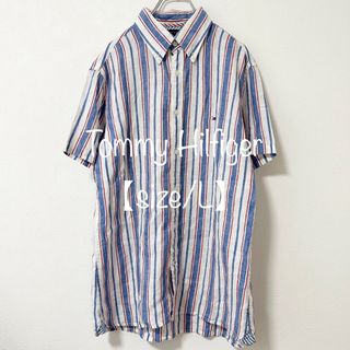 トミーヒルフィガー(TOMMY HILFIGER)のTommy/トミーヒルフィガー★半袖ストライプリネンシャツ★青/水色×白×赤★L(シャツ)