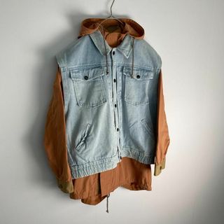 【レイヤードセット デニムベスト フードジャケット 青 オレンジ 古着】