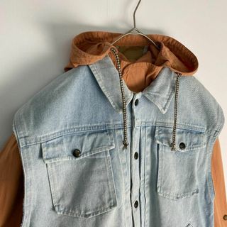 【レイヤードセット デニムベスト フードジャケット 青 オレンジ 古着】