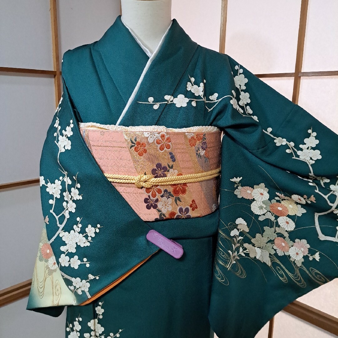 正絹  御所車  梅の華  流水  暈し染め  刺繍  金彩  訪問着5点セット