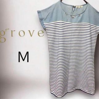 グローブ(grove)のgrove グローブ ブルー ボーダー 膝上ワンピース フレンチスリーブ M(ひざ丈ワンピース)