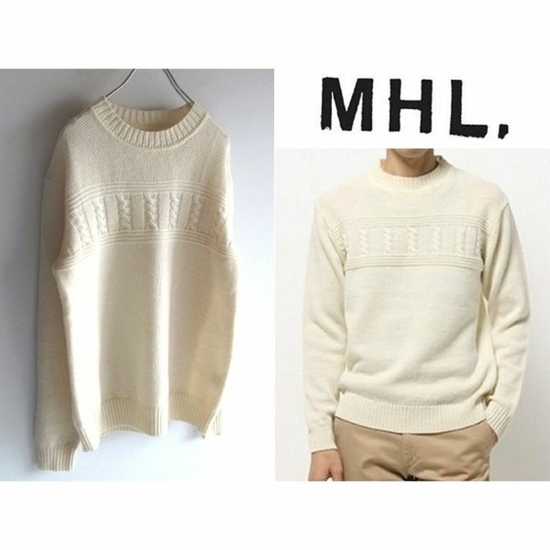 MHL.(エムエイチエル)のMHL. BASIC WOOL ポイントケーブル編み ニット L エクリュ メンズのトップス(ニット/セーター)の商品写真