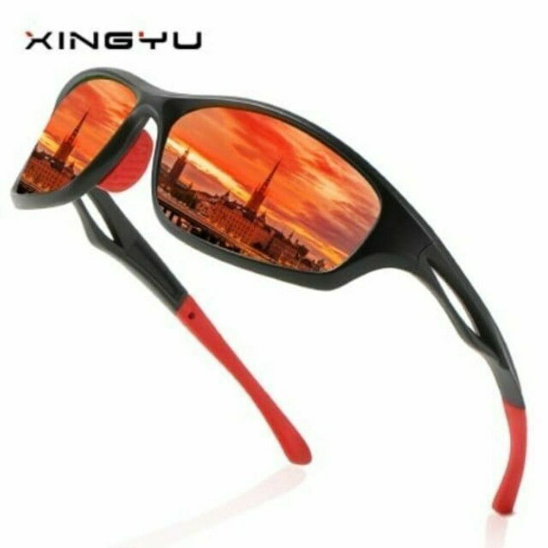軽量ミラーサングラス☆UV400 オレンジ黒赤　スポーツ　アウトドア　マラソン メンズのファッション小物(サングラス/メガネ)の商品写真