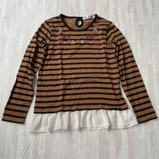 ボーダーロングTシャツ　ロンT 130 花柄刺繍　裾シフォン　女の子　トップス(Tシャツ/カットソー)