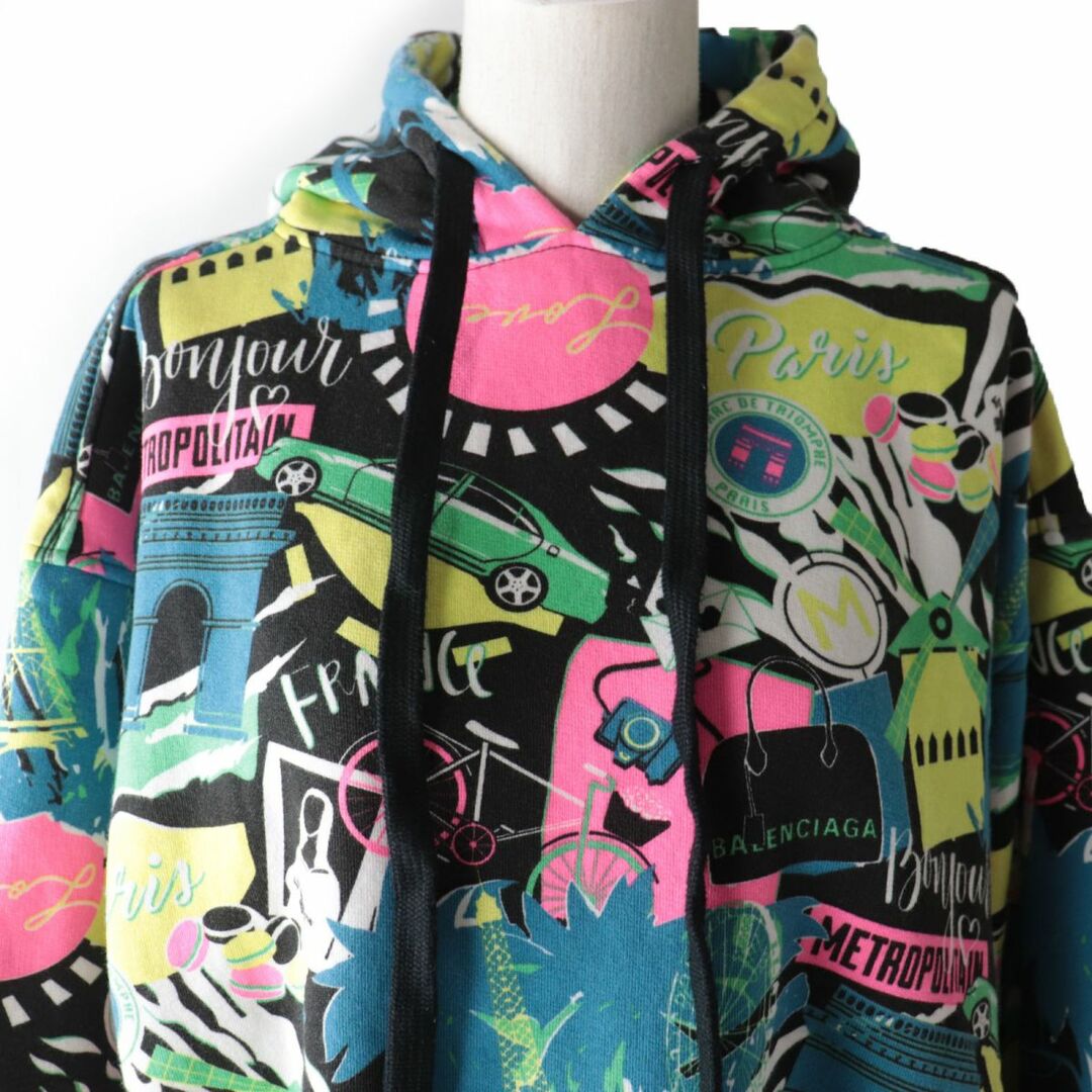 美品☆正規品 BALENCIAGA バレンシアガ 19年 594606 マルチ総柄デザイン フード付き プルオーバーパーカー マルチカラー XS レディース