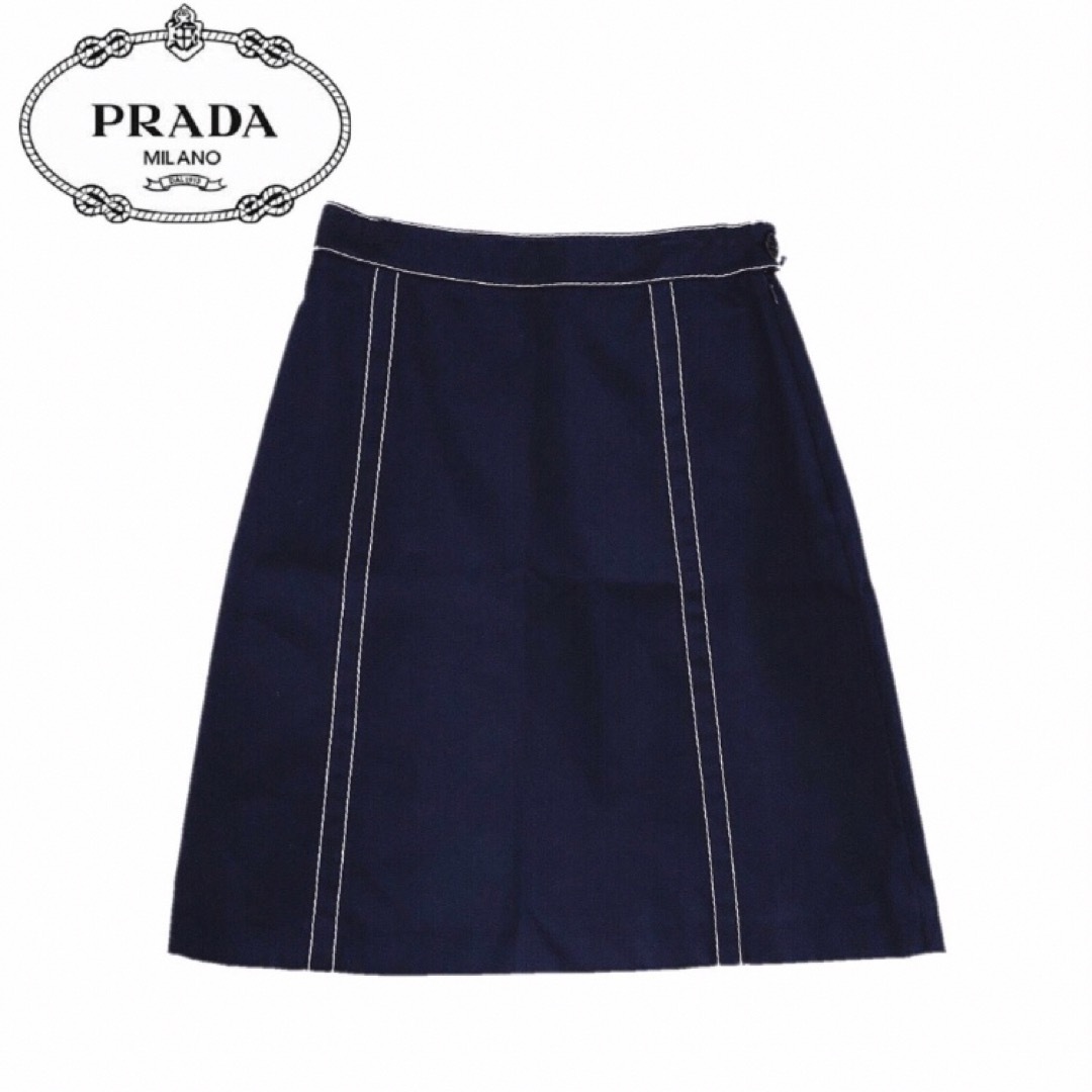 新品】確実正規品 PRADA プラダ 膝丈 スカート デニム ネイビー-