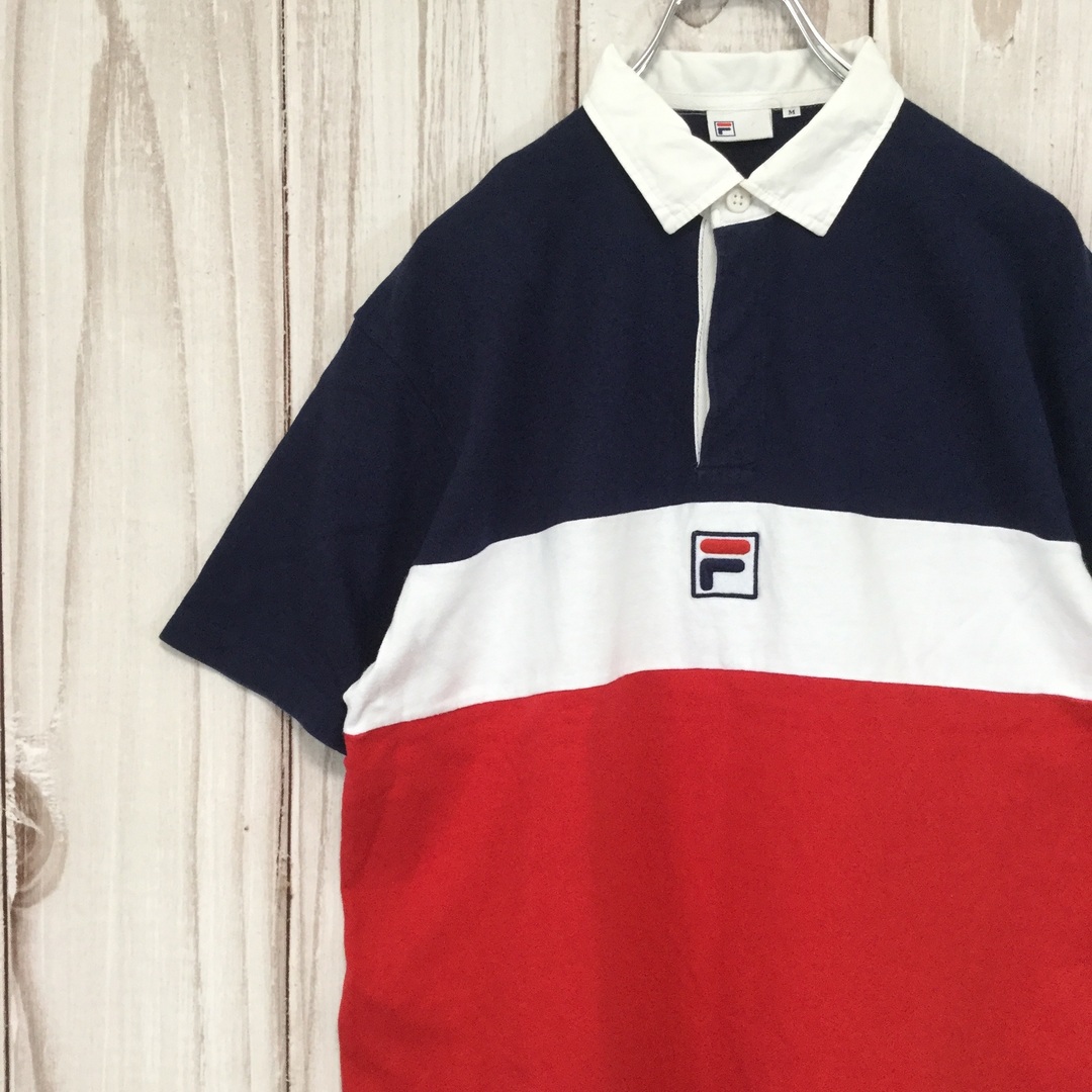 FILA(フィラ)の【フィラ 半袖ラガーシャツ】 トリコカラー 太ボーダー ロゴ刺繍 M 古着 メンズのトップス(ポロシャツ)の商品写真