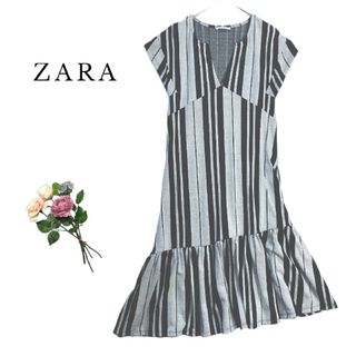 ザラ(ZARA)の極良品 ZARA ストライプ ロングワンピース ライトグレー ネイビー(ロングワンピース/マキシワンピース)