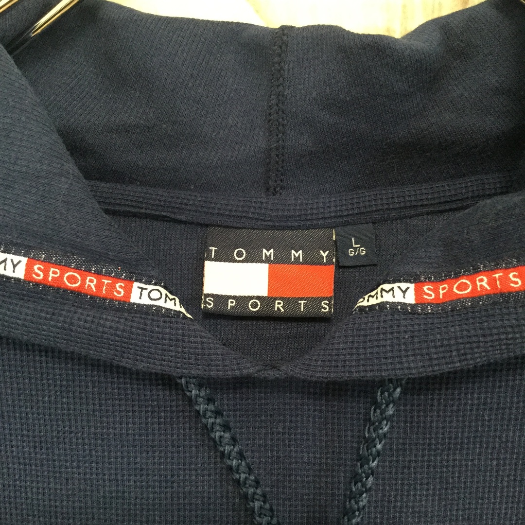 TOMMY HILFIGER(トミーヒルフィガー)の【トミーヒルフィガー 半袖パーカー】 ロゴ刺繍 L ネイビー 古着 メンズのトップス(パーカー)の商品写真