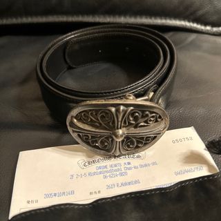 良品●CHROME HEARTS クロムハーツ レザー クラシックオーバルクロス  スターリングシルバー ベルト ブラック×シルバー 36 メンズ q11-st30303-668