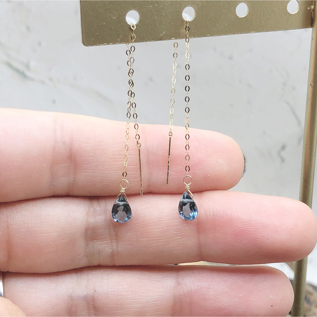 K18YG アメリカンピアス 宝石質ロンドンブルートパーズ ロングピアス