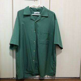 L 半袖 ブルーグリーン リーフ 立体 総柄シャツ  メンズ 青 緑 夏物