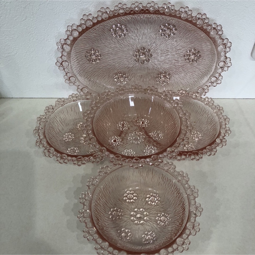 昭和レトロ　アデリア　ピンクガラス　オバール皿　ガラス皿  ５セット