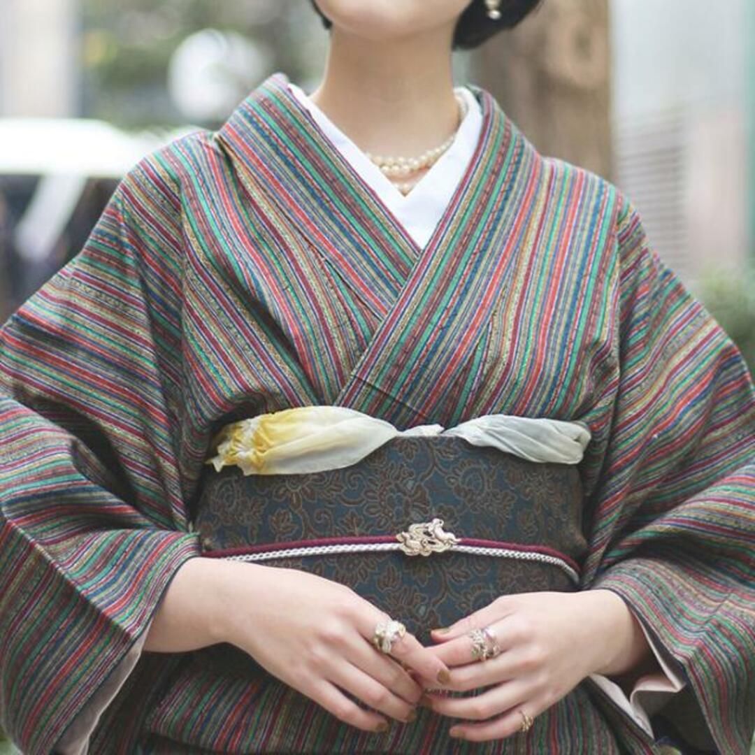 最旬トレンドパンツ セット 単衣 小千谷紬田園風景+鯉の帯留め 貝細工