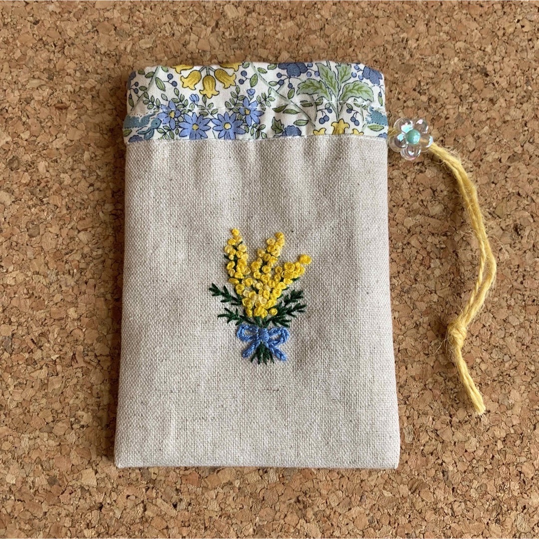 ミモザ刺繍入 ラベンダーポプリサシェ 香り袋 お守り袋 ハンドメイド ...