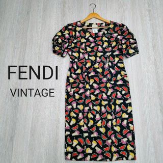 極美品✨ FENDI ワンピース FF柄 パイル ひざ丈 ノースリーブ ネイビー-