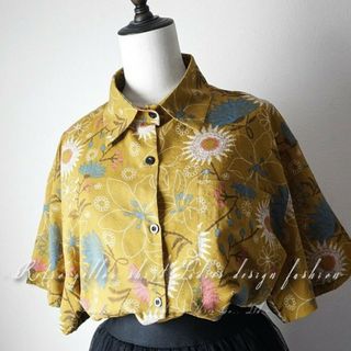 【即日発送】 くすんだ黄ベース レトロ 花柄 シャツ 半袖 綿100% きれいめ(シャツ/ブラウス(半袖/袖なし))