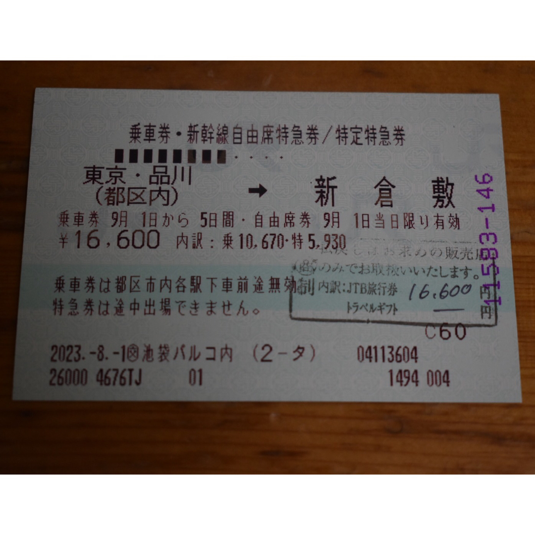 東京⇄岡山•新倉敷　新幹線　自由席　片道鉄道乗車券