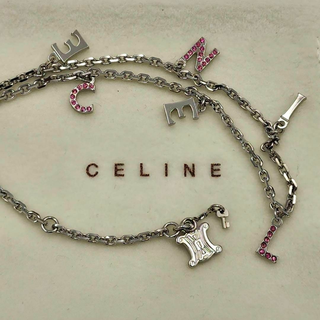 極美品★CELINE★ ネックレス マカダム 英字ロゴ ラインストーン シルバー