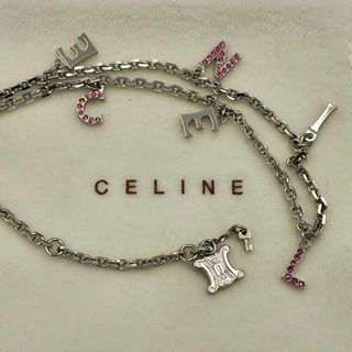 美品］CELINE ロゴプレートネックレス ピンク シルバー-