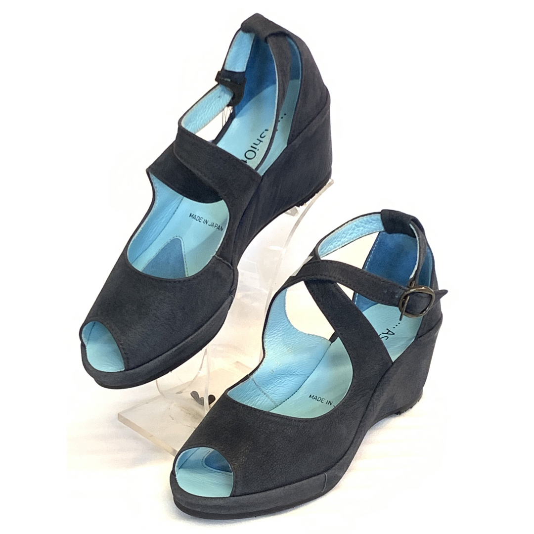 AShiOto靴22.5cmネービー水色ブルー系サンダル日本製 Sサイズ程ベルト