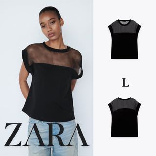 ザラ(ZARA)のZARA ザラ　オーガンザ素材コントラストＴシャツ　L(Tシャツ(半袖/袖なし))