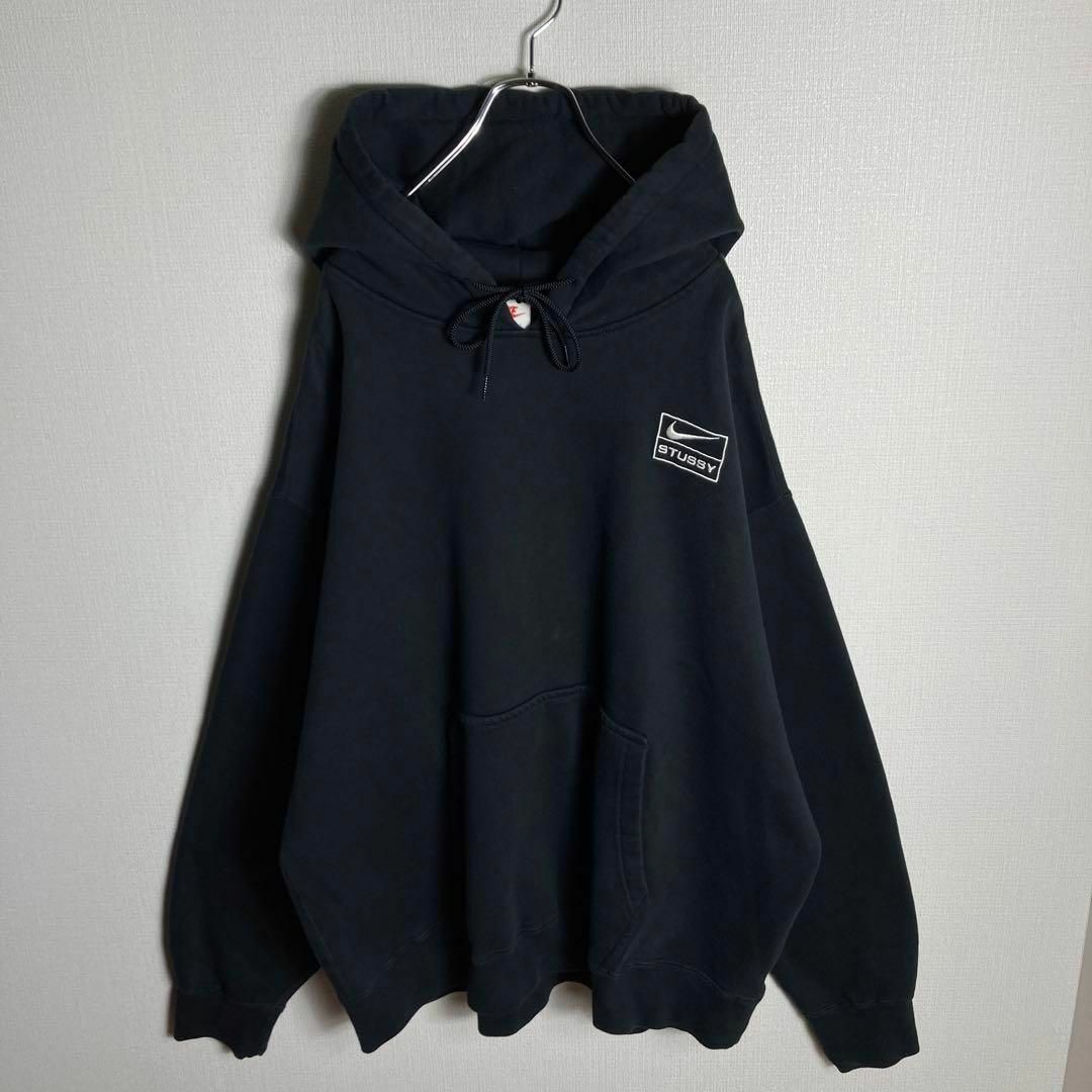 激レア】限定完売品 ナイキ ステューシー コラボパーカー 黒 XL 刺繍ロゴ-