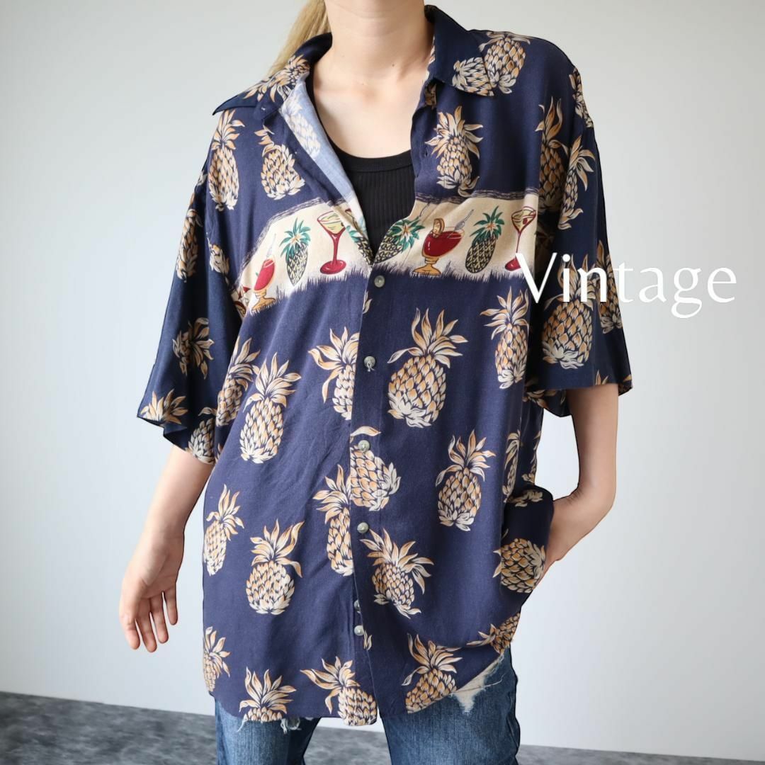 arie半袖シャツ✿【vintage】パイナップル カクテル 柄 とろみ 半袖シャツ 濃紺 XL