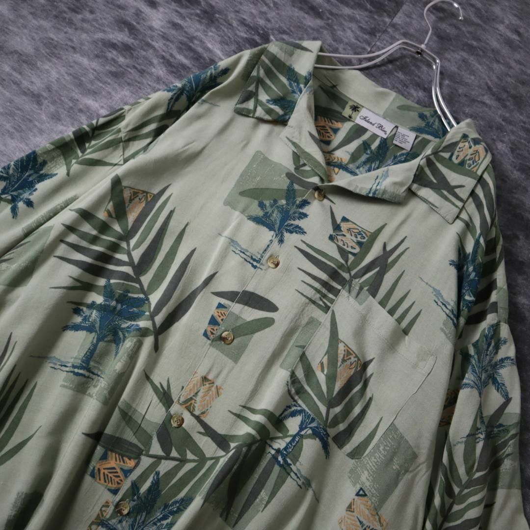 ART VINTAGE(アートヴィンテージ)の【vintage】ボタニカル柄 とろみ レーヨン 開襟 半袖シャツ 3XL 緑 メンズのトップス(シャツ)の商品写真