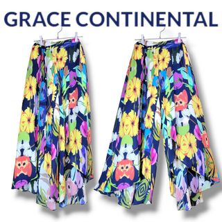 グレースコンチネンタル(GRACE CONTINENTAL)のグレースコンチネンタル　ガウチョパンツ　スカンツ　ボタニカル　花柄　シルク　36(カジュアルパンツ)