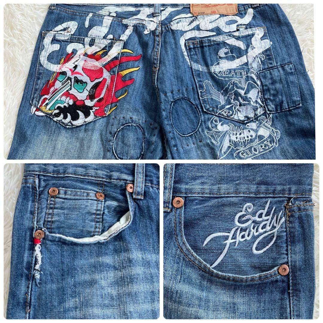 エドハーディー/ed Hardy デニムパンツ　ロゴ　スカル刺繍　ダメージ加工