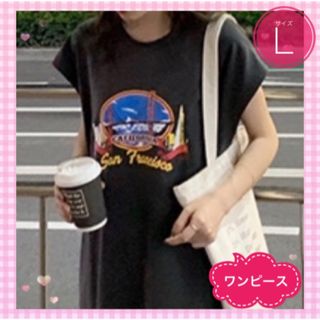 ワンピース　Tシャツ　ロング　マキシ丈　膝丈　袖なし　L　黒　スリット　プリント(ロングワンピース/マキシワンピース)