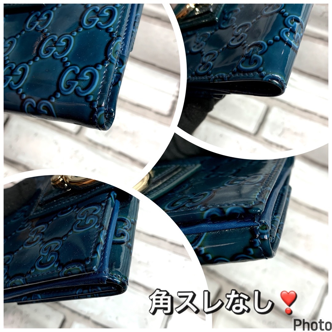 グッチ GUCCI 折り財布 シマ エナメル レザー 青 グッチ GUCCI 折り財布 シマ エナメル レザー 青