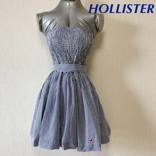 ホリスター(Hollister)のHOLLISTER 水色 チェック柄 ベアトップ ミニ ワンピース(ミニワンピース)