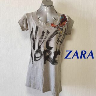 ザラ(ZARA)のZARA グレー ビーズ 刺繍 プリント Tシャツ(Tシャツ(半袖/袖なし))