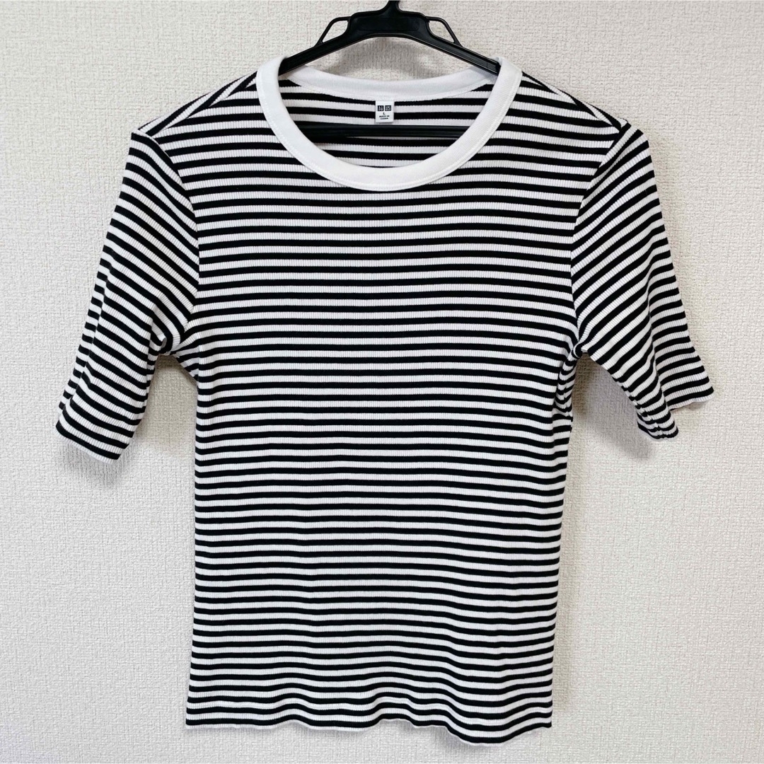 UNIQLO(ユニクロ)のユニクロ　リブボーダークルーネックT　5分袖　L レディースのトップス(Tシャツ(半袖/袖なし))の商品写真